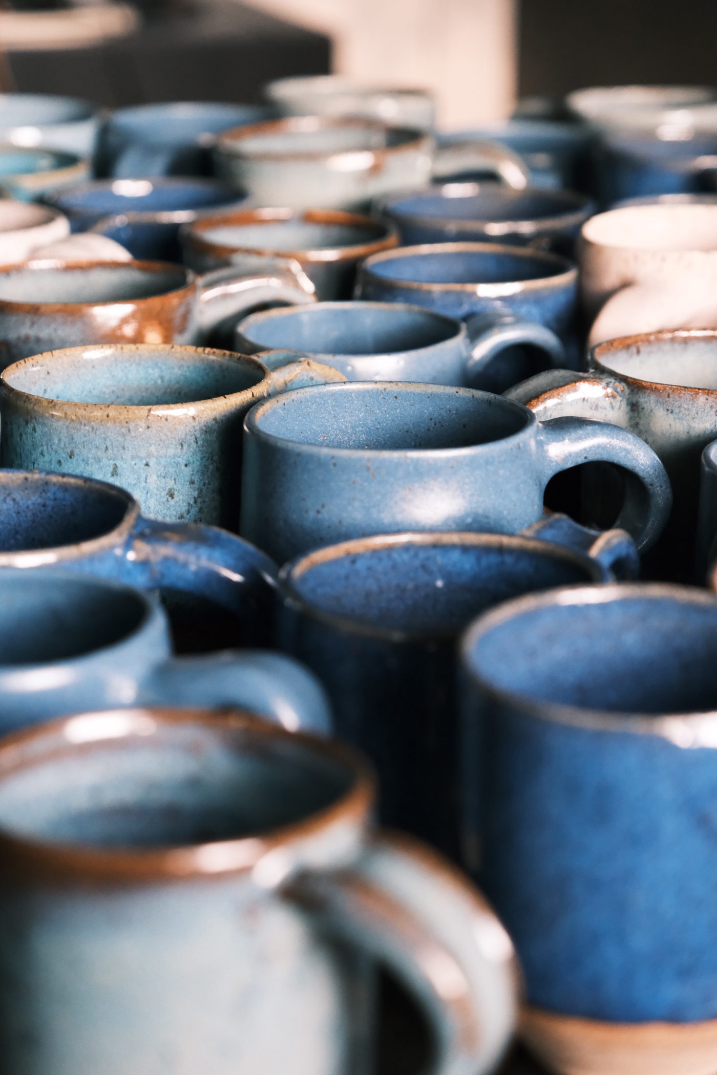 Top-down view of many mugs